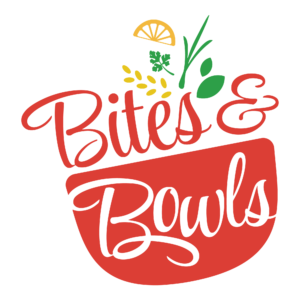 Logo for Bites & Bowls in red script with food elements like a lemon slice, grains, herbs, and leaves for lavie website