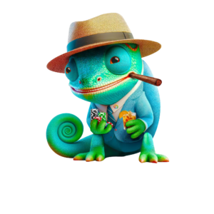 Chameleon bar logo showing a chameleon wearing a hat while smoking a cigar and holding chips and liquor
